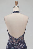 Blu navy con scollo a cappuccio paillettes bodycon floreale spalla nuda vestito corto di cocktail con volant