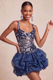 Paillettes blu navy A-Line Spalline floreali spesse Abito corto da fine aula