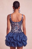 Paillettes blu navy A-Line Spalline floreali spesse Abito corto da fine aula