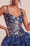 Paillettes blu navy A-Line Spalline floreali spesse Abito corto da fine aula