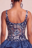 Paillettes blu navy A-Line Spalline floreali spesse Abito corto da fine aula