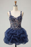 Paillettes blu navy A-Line Spalline floreali spesse Abito corto da fine aula
