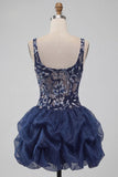 Paillettes blu navy A-Line Spalline floreali spesse Abito corto da fine aula