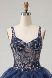 Paillettes blu navy A-Line Spalline floreali spesse Abito corto da fine aula