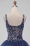 Paillettes blu navy A-Line Spalline floreali spesse Abito corto da fine aula