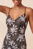 Bodycon nero con spalline spaghetti paillettes vestito corto floreale per il ritorno a casa con fessura