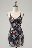 Bodycon nero con spalline spaghetti paillettes vestito corto floreale per il ritorno a casa con fessura