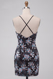 Bodycon nero con spalline spaghetti paillettes vestito corto floreale per il ritorno a casa con fessura