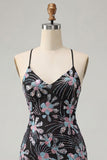Bodycon nero con spalline spaghetti paillettes vestito corto floreale per il ritorno a casa con fessura