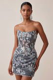 Corsetto grigio bodycon senza spalline con paillettes Vestito corto floreale da cocktail