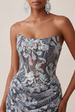 Corsetto grigio bodycon senza spalline con paillettes Vestito corto floreale da cocktail