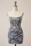 Corsetto grigio bodycon senza spalline con paillettes Vestito corto floreale da cocktail