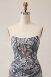 Corsetto grigio bodycon senza spalline con paillettes Vestito corto floreale da cocktail