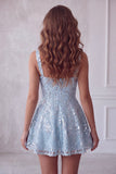 A-Line Sky Blue Spalline spesse Short Floreal Paillettes Abito di cocktail con fiocco