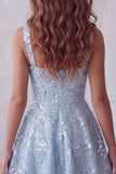 A-Line Sky Blue Spalline spesse Short Floreal Paillettes Abito di cocktail con fiocco