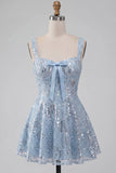 A-Line Sky Blue Spalline spesse Short Floreal Paillettes Abito di cocktail con fiocco