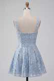 A-Line Sky Blue Spalline spesse Short Floreal Paillettes Abito di cocktail con fiocco