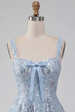 A-Line Sky Blue Spalline spesse Short Floreal Paillettes Abito di cocktail con fiocco