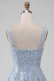 A-Line Sky Blue Spalline spesse Short Floreal Paillettes Abito di cocktail con fiocco