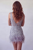 Abito corti di cocktal con corto bodycon floreale lavanda con piume