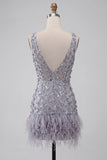 Abito corti di cocktal con corto bodycon floreale lavanda con piume