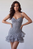 Bodycon Vestito corto di fine rosa lavanda color lavanda a spalline corto con volant
