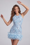 Bodycon corto da cocktail con scollo scollo cielo blu cielo con volant e paillettes