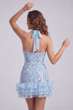Bodycon corto da cocktail con scollo scollo cielo blu cielo con volant e paillettes
