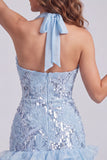 Bodycon corto da cocktail con scollo scollo cielo blu cielo con volant e paillettes
