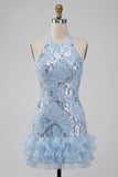 Bodycon corto da cocktail con scollo scollo cielo blu cielo con volant e paillettes