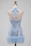 Bodycon corto da cocktail con scollo scollo cielo blu cielo con volant e paillettes