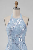 Bodycon corto da cocktail con scollo scollo cielo blu cielo con volant e paillettes