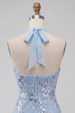 Bodycon corto da cocktail con scollo scollo cielo blu cielo con volant e paillettes