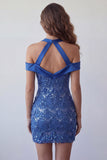 Abito corto di cocktail con scollo a cappola blu reale con paillettes