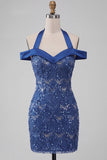 Abito corto di cocktail con scollo a cappola blu reale con paillettes
