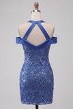 Abito corto di cocktail con scollo a cappola blu reale con paillettes