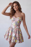 Vestito corto a livelli floreale a rosa scintillante con paillettes