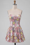 Vestito corto a livelli floreale a rosa scintillante con paillettes
