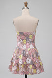 Vestito corto a livelli floreale a rosa scintillante con paillettes
