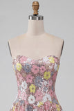 Vestito corto a livelli floreale a rosa scintillante con paillettes