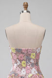 Vestito corto a livelli floreale a rosa scintillante con paillettes