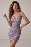 Bodycon Lilla con spalline spaghetti Abito corto di ritorno a casa con paillettes