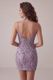 Bodycon Lilla con spalline spaghetti Abito corto di ritorno a casa con paillettes