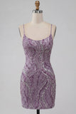 Bodycon Lilla con spalline spaghetti Abito corto di ritorno a casa con paillettes