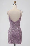 Bodycon Lilla con spalline spaghetti Abito corto di ritorno a casa con paillettes