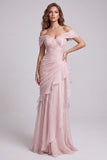 Abito elegante Sirena Rosa Chiaro con Spalle Scoperte e Volant
