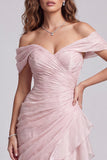 Abito elegante Sirena Rosa Chiaro con Spalle Scoperte e Volant