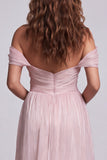 Abito elegante Sirena Rosa Chiaro con Spalle Scoperte e Volant