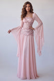 Vestito lungo elegante a maniche svasate rosa chiaro corsetto a linea A con paillettes