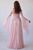 Vestito lungo elegante a maniche svasate rosa chiaro corsetto a linea A con paillettes